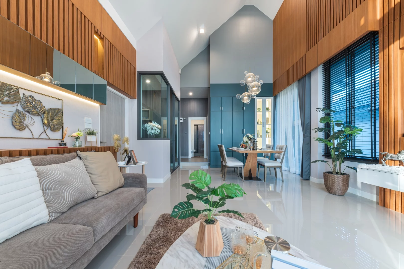 ห้องนั่งเล่นเพดานสูง 6 เมตร บ้านชั้นเดียว Modern Nordic พรีเว่